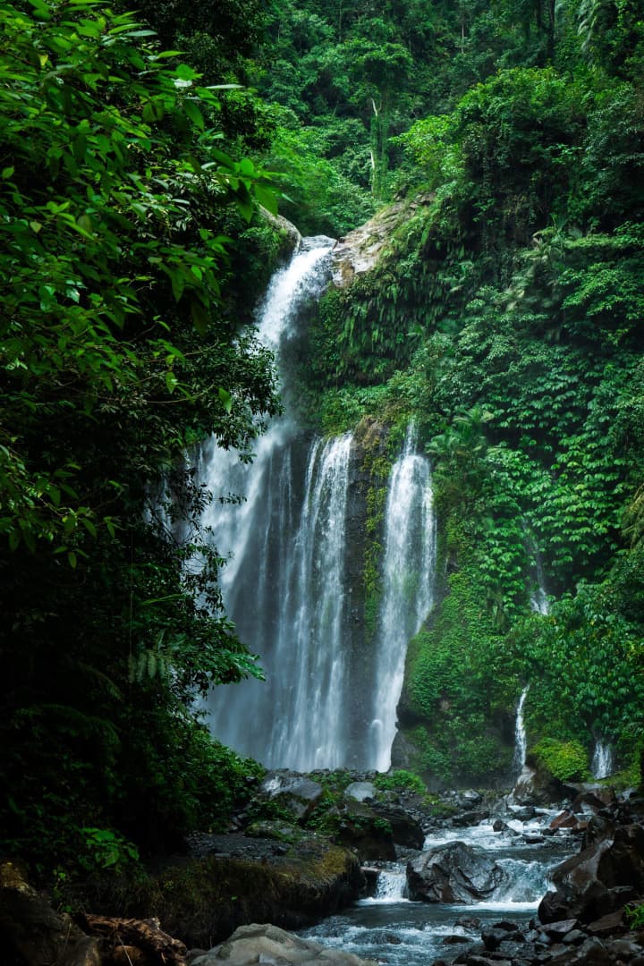 Twin waterfalls descending through dense moss-covered jungle in Tetebatu